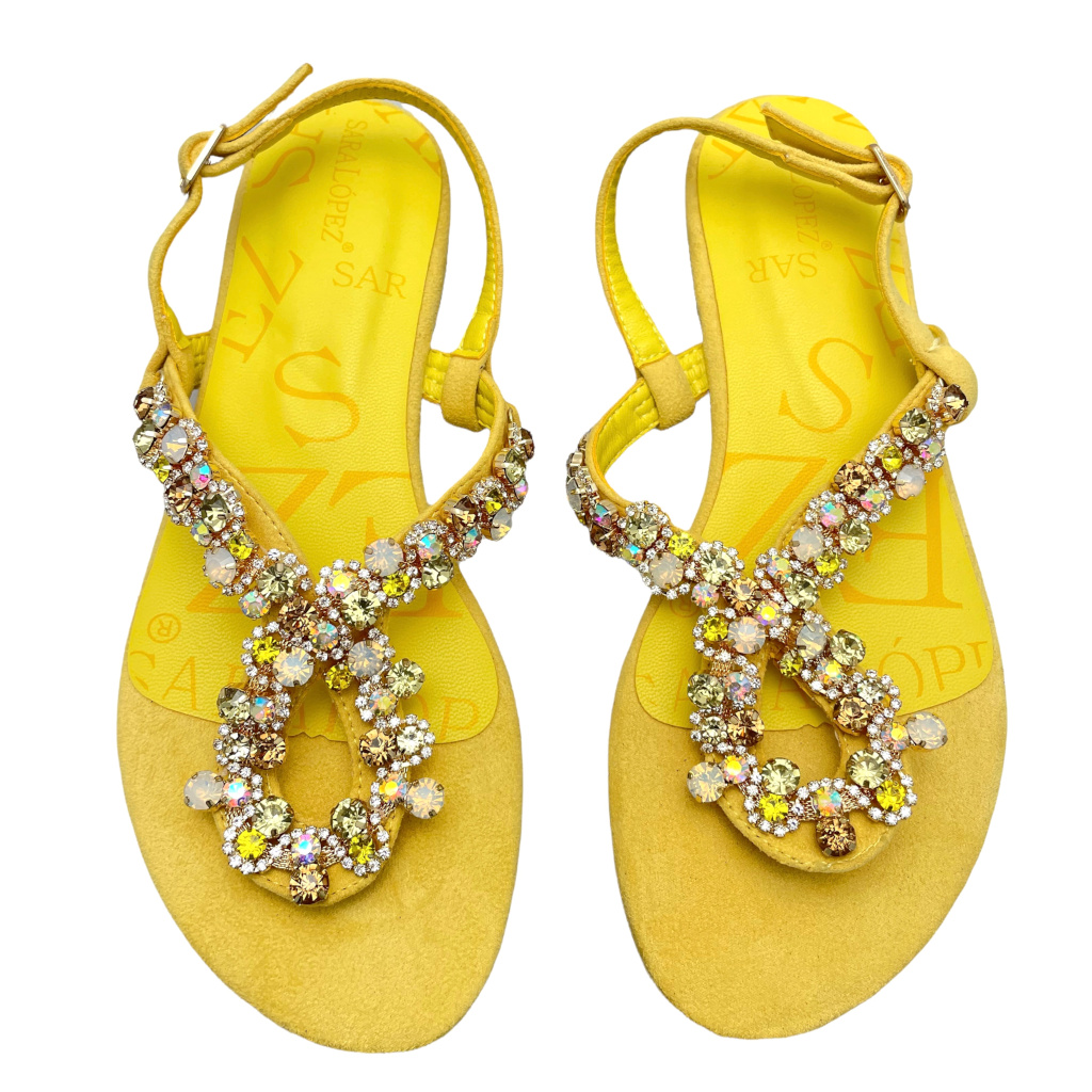 Sandals: SARA LOPEZ De Fonseca yellow jewel thong sandal for woman