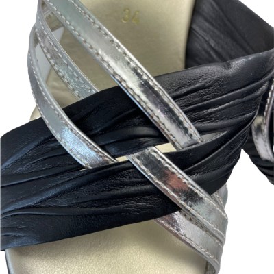 CIABATTE APERTE 34 zoccolo scalzato nero argento zeppa di 6 cm con listini incrociati