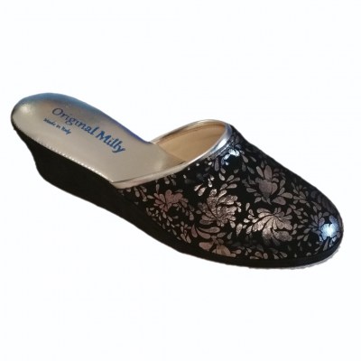 MILLY 8000 slipper in black suede with silver floral print high heel