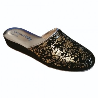MILLY 8200 slipper in black suede with gold floral print