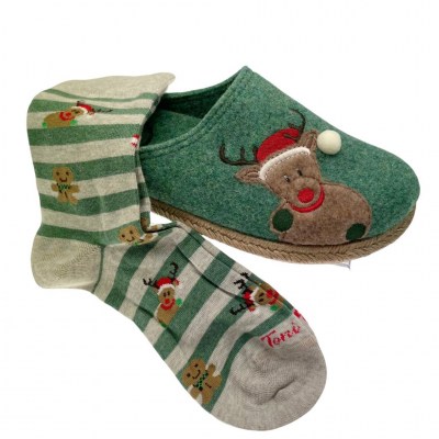 TONI PONS SLIPPERS MIRI NOEL ciabatta in lana verde con renna calza omaggio