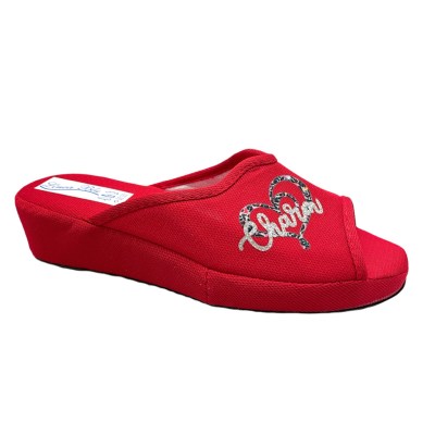 CRISTINA slipper for woman in red open toe cotton with embroidery