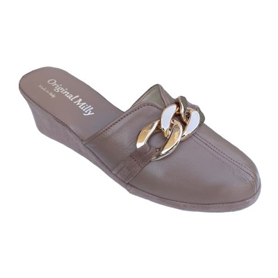 MILLY slipper for woman closed chain taupe dove leather wedge heel