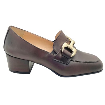 SHOES4ME mocassino scarpa donna con morsetto slipon tacco blocchetto marrone 32 33 34