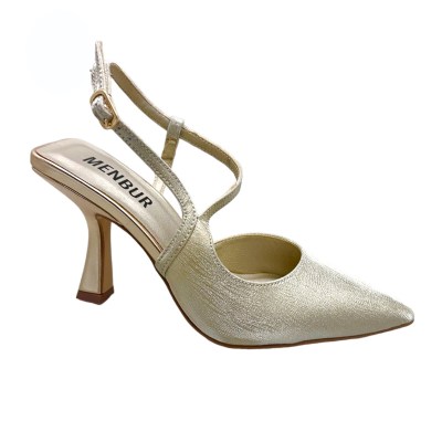 MENBUR 24767 scarpa sandalo per donna slingback da cerimonia e ballo con  laccetti platino oro