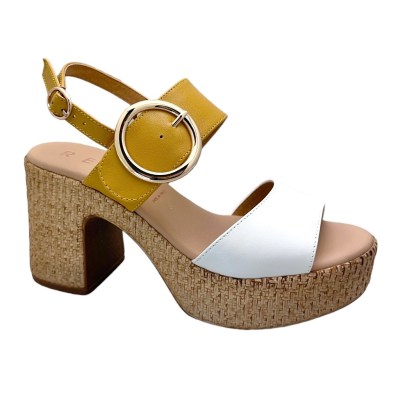 REPO 58244 sandalo di tendenza  con plateau e maxi tacco in corda grande fibbia gioiello regolabile bianco giallo senape