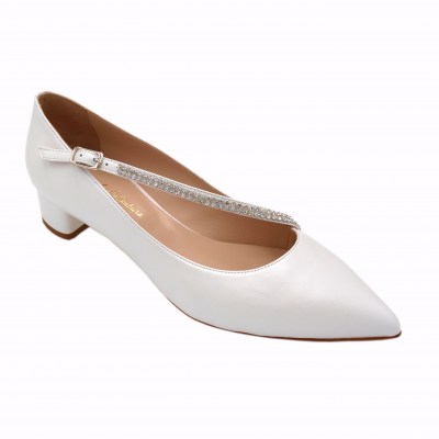 Angela calzature Sposa decollete in pelle colore bianco tacco basso 1-4 cm  Tomaia Esterna Perlato Bianco da Sposa con Strass numeri standard    